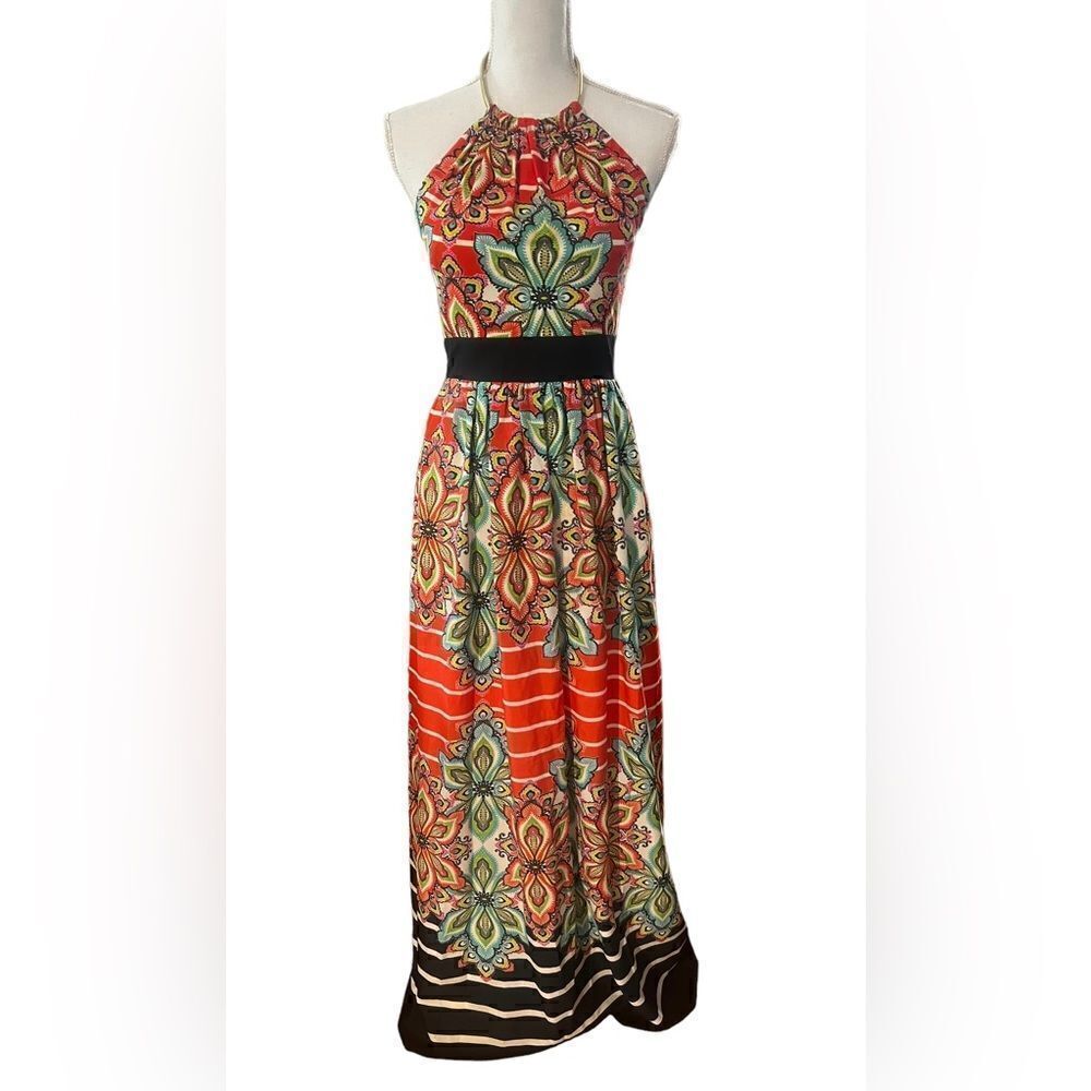 Eliza J 2 Maxi Dress Crepe de Chine Floral Halter Gold Metal Necklace Fit&Flare